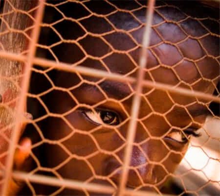 Niños detrás de una malla en zona de conflicto armado — dona aquí para que UNICEF proteja a la infancia en medio de la guerra